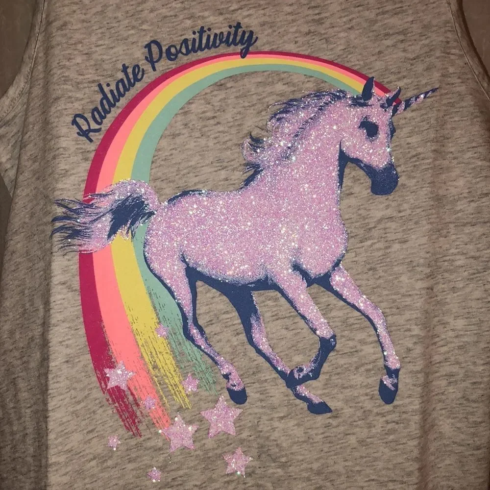 Justice 10 Gray Sleeveless Tank Unicorn Rainbow Glitter Radiate Positivity